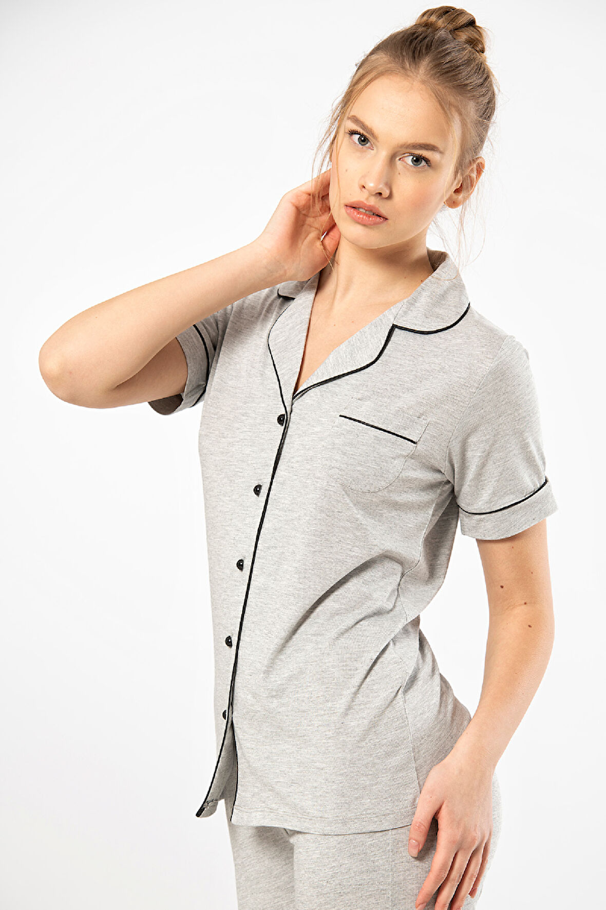 Düz Kısa Kollu Gömlek Yaka Pijama Takım 3368/Gri