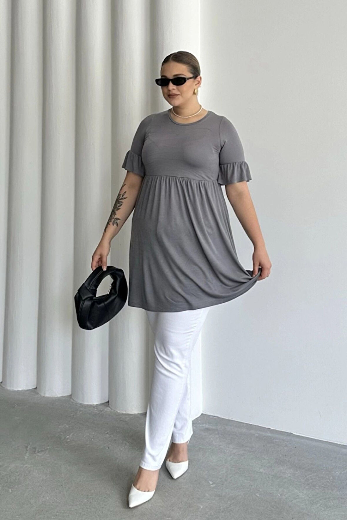 Büyük Beden Kol Detaylı Beli Lastikli Pileli Tunik T-shirt T43