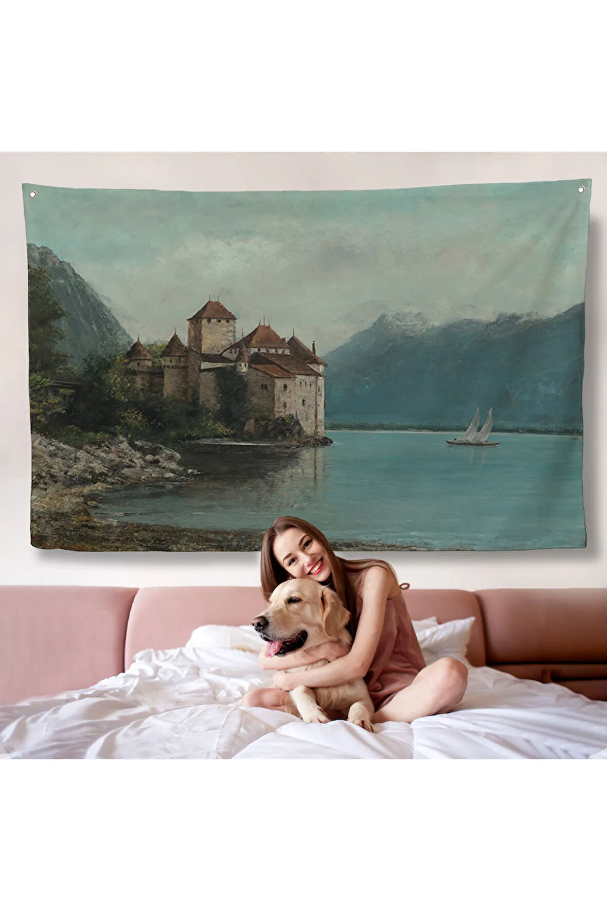 Gustave Courbet - Cenevre Gölü'ndeki Chillon Kalesi Duvar Örtüsü-7094