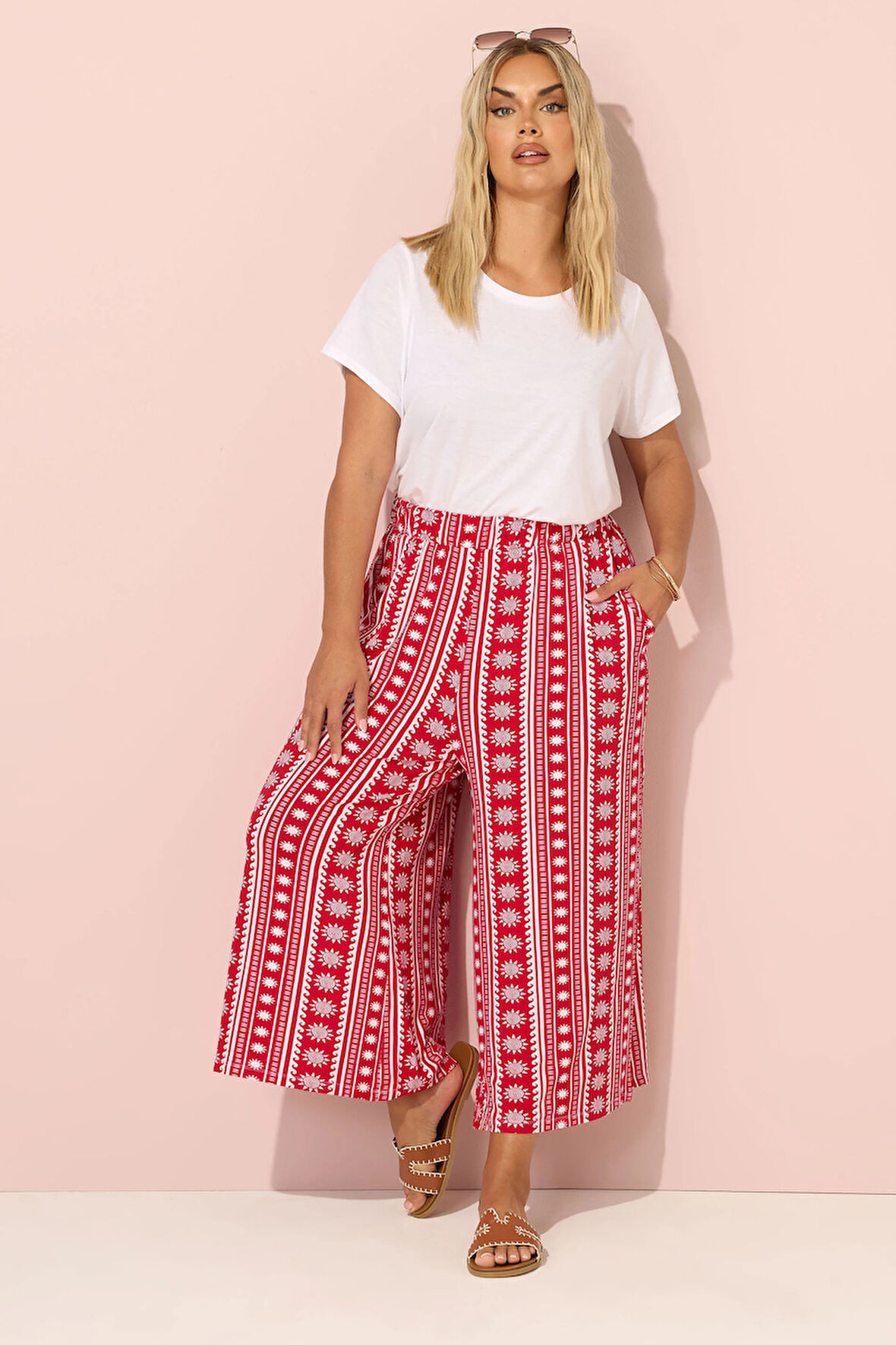 Büyük Beden Etnik Desenli Beli Lastikli Paçası Bol Pantolon 145344