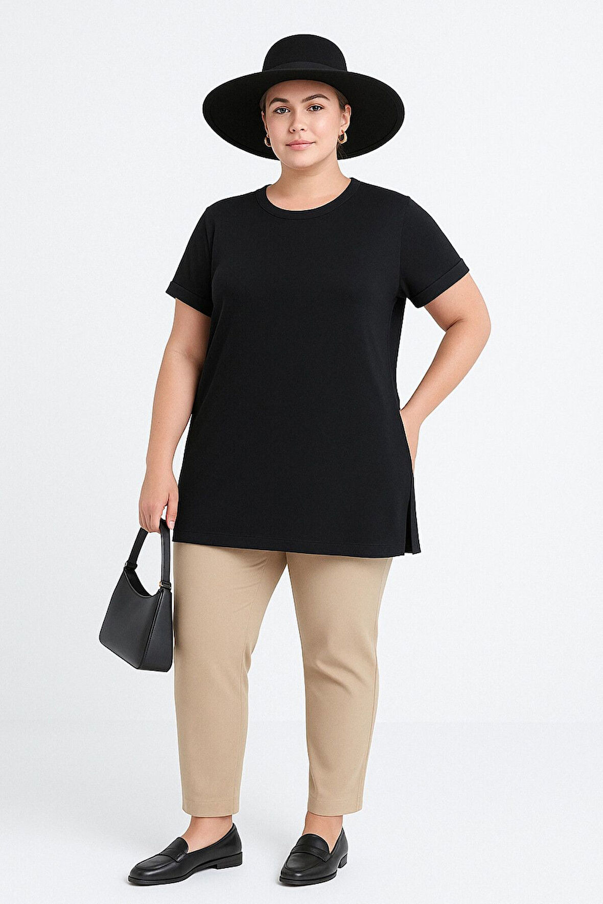 Büyük Beden Kısa Kollu Bisiklet Yaka Yanları Yırtmaçlı Basic T-shirt RFT-01