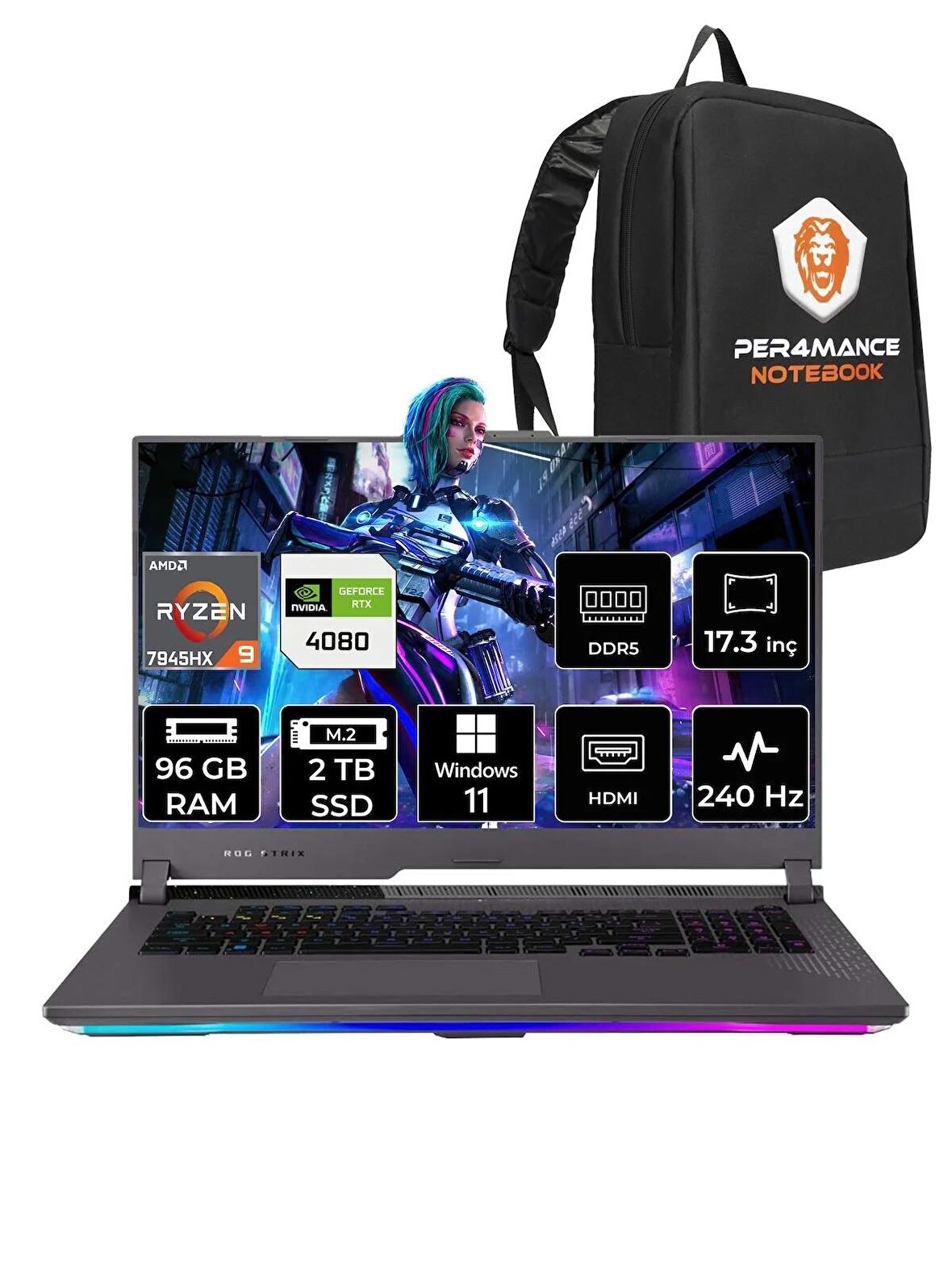 ASUS ROG Strix Scar 17 R9 7945HX 96GB 2TB SSD RTX4080/12GB 175W 17.3 WQHD W11P LL062 & PER4 ÇANTA