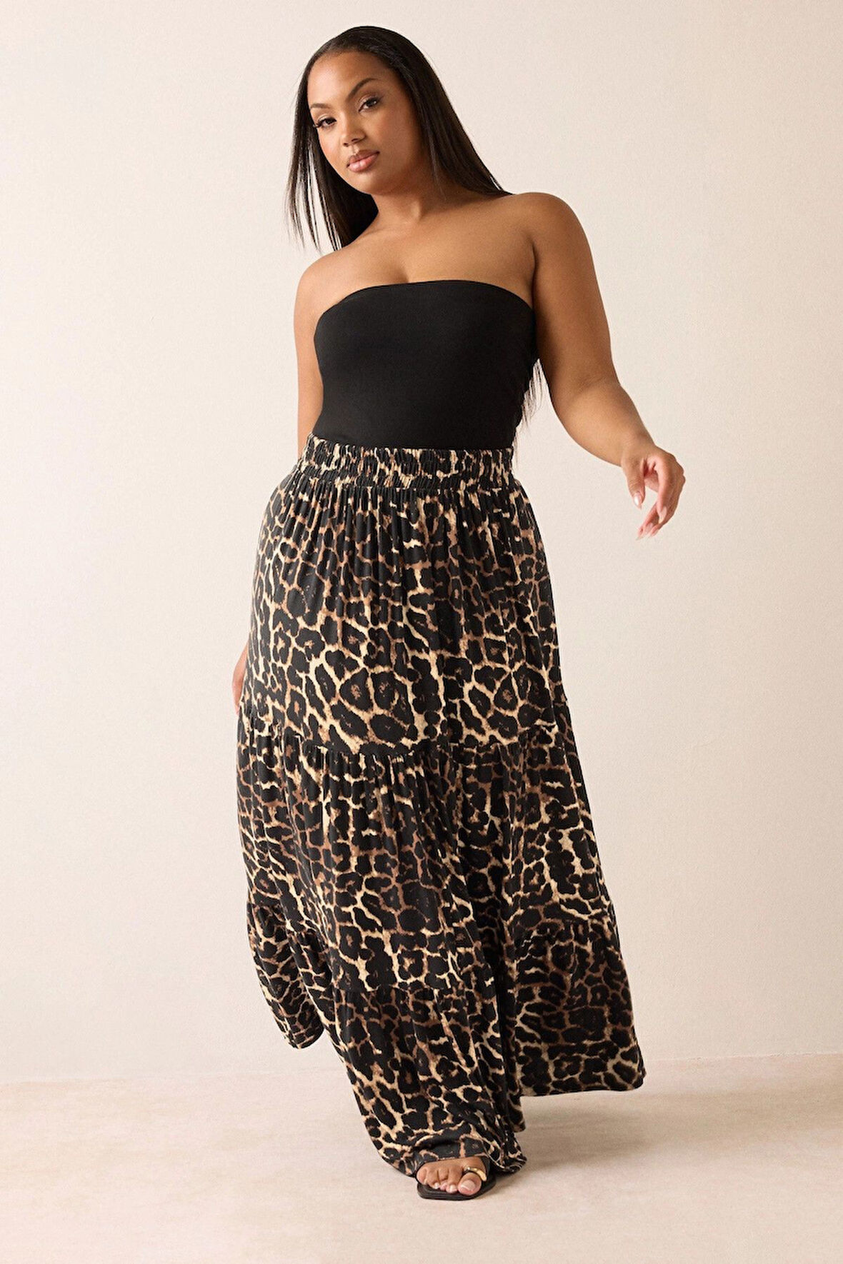 Büyük Beden Bürümcük Kumaş Leopar Desenli Beli Lastikli Etek 304237