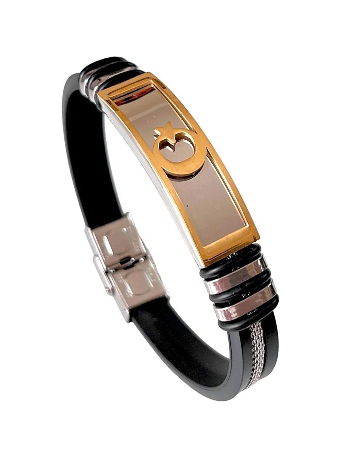 Ay Yıldız Figürlü Silikon Kordon Çelik Mixli Trend Model Erkek Bileklik 22 cm