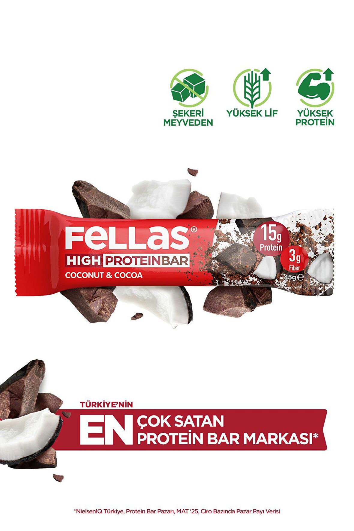 Yüksek Protein Bar - Hindistan Cevizli ve Kakaolu 45 gr x 12 Adet