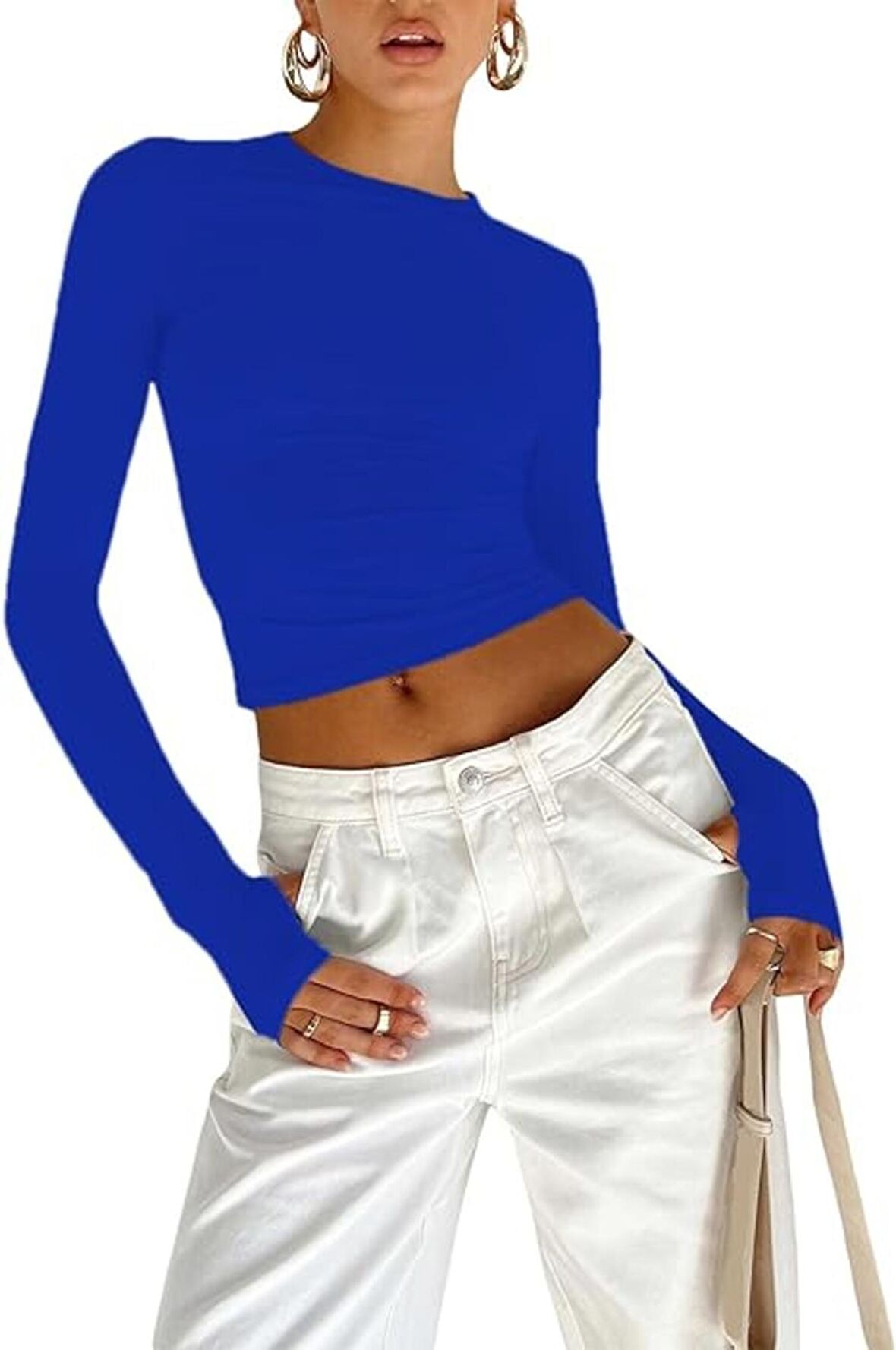 Mavi Bisiklet Yaka Bluz Darkalıp Ribana Kumaş Parmak Detaylı Basic Body