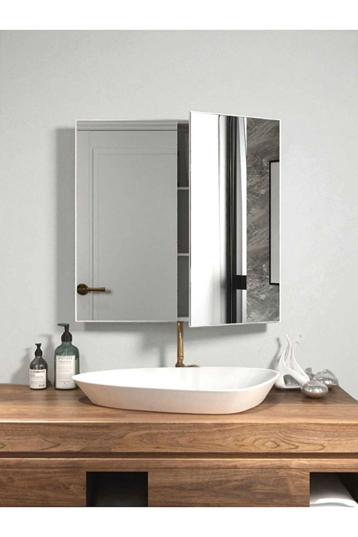 Aynalı Banyo Dolabı İki Kapaklı 70X70X15 cm