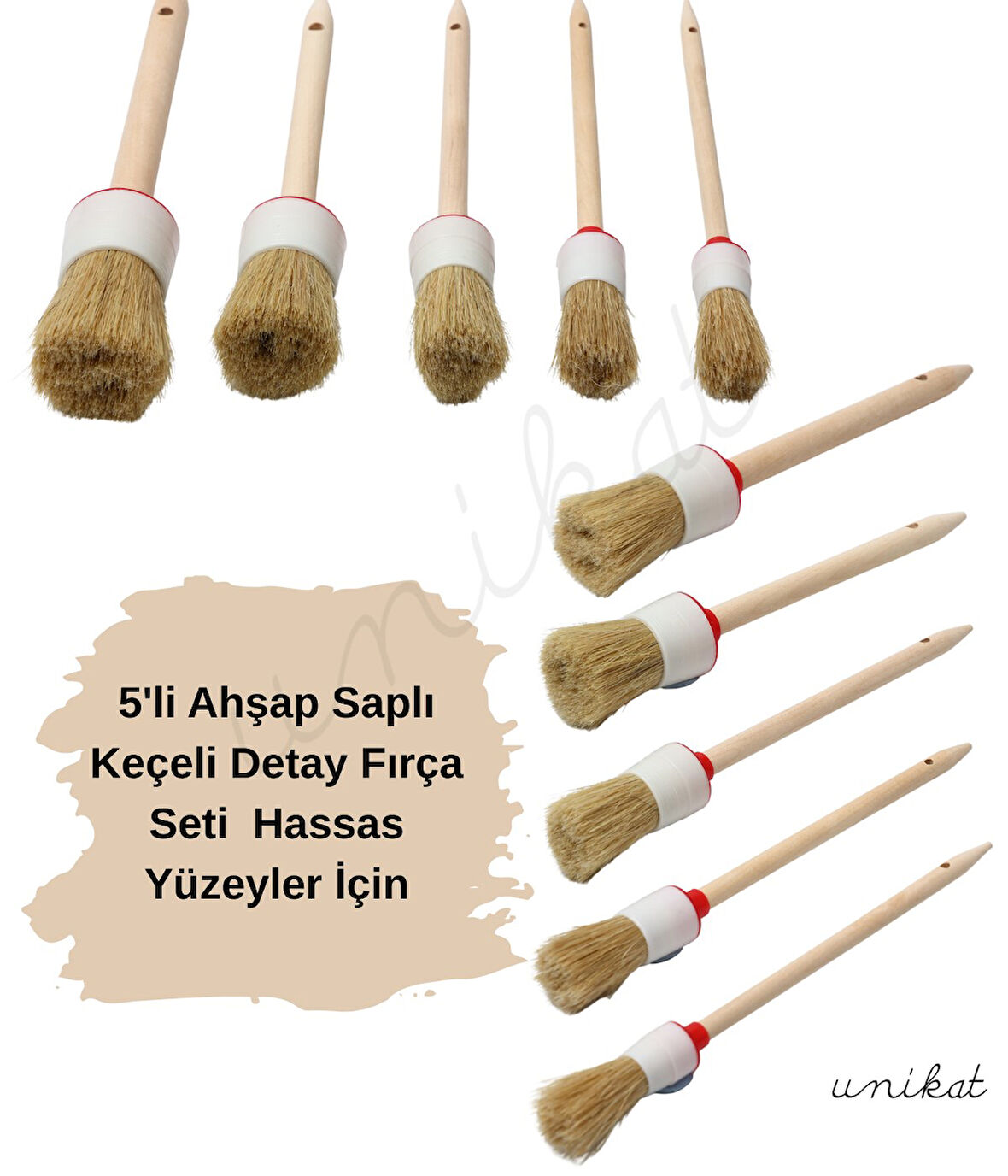 5'li Ahşap Saplı Keçeli Detay Fırça Seti  Hassas Yüzeyler İçin Uygundur