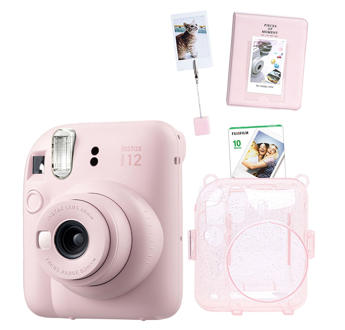 Fujifilm Instax Mini 12 Pembe Fotoğraf Makinesi 10'lu Film Kıskaçlı Stand PVC Albüm ve Simli Pleksi 