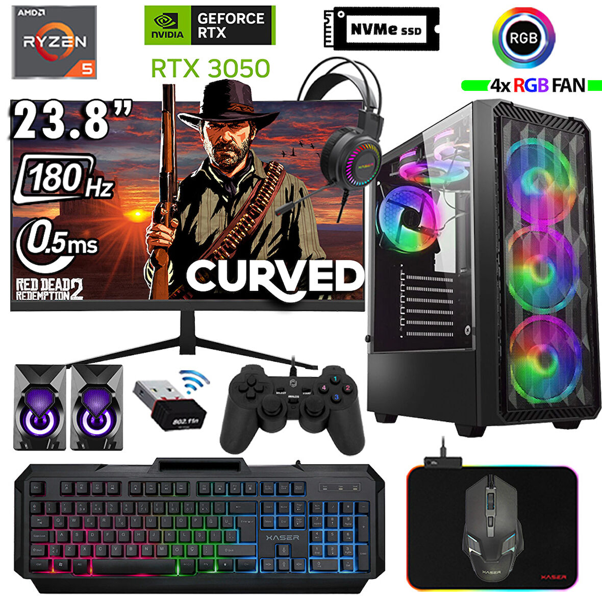 Xaser Armor X120 Ryzen 5 5500 32GB Ram 1TB M.2 NVMe SSD 6GB RTX3050 24" 180Hz Masaüstü Oyuncu Bilgisayarı