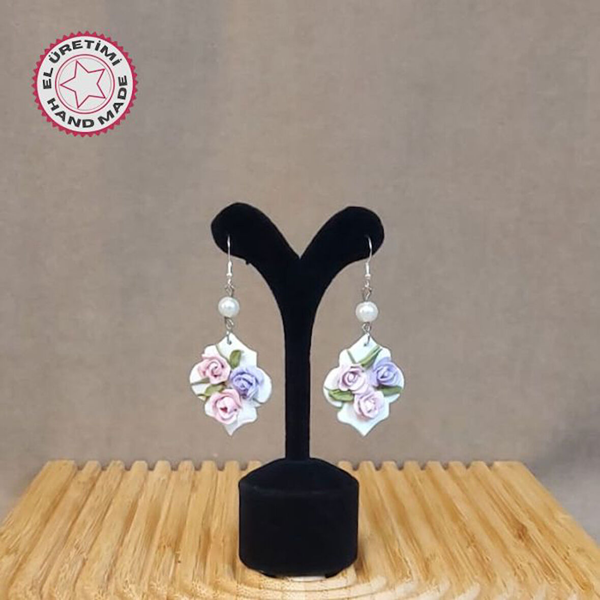 Uretti - Hatice 4962 4514 El Yapımı Polimer Kil Pembe Gül Bahar Küpesi