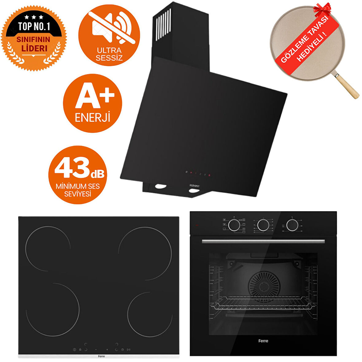 Ferre FryArt & FlowArt Legno Sessiz Davlumbaz Elektrikli Siyah Ank. Set (D077-SA + MS261 + QXE62CS)