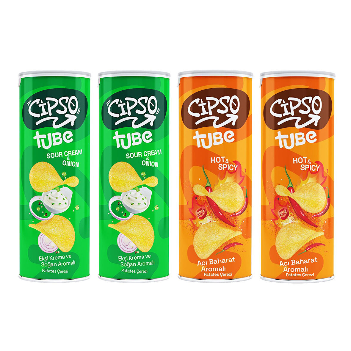 Cipso Tube Acı Baharat ve Ekşi Krema&Soğan Aromalı Cips 160 gr x 4 Adet
