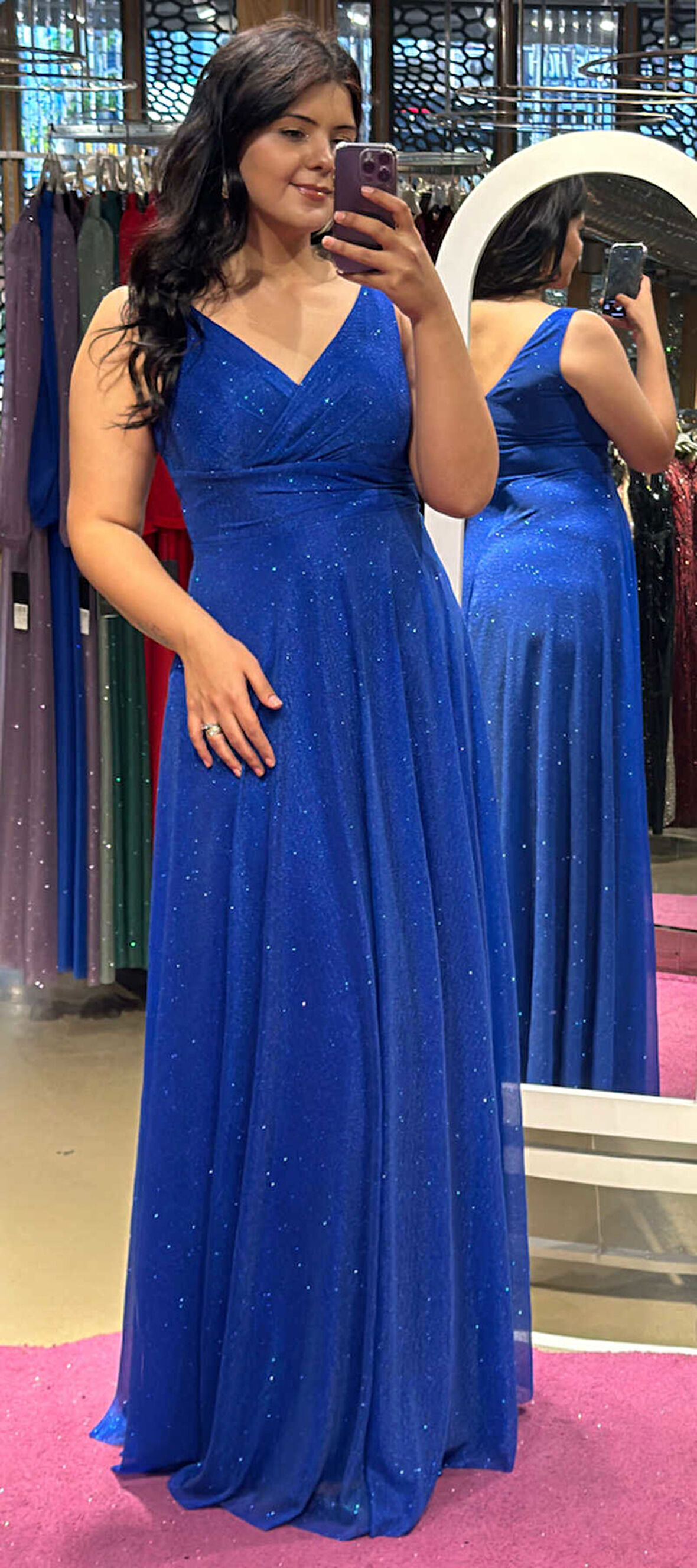 Saks Kalın Askı Kloş Etekli Simli Kumaş Uzun Abiye Elbise 7117