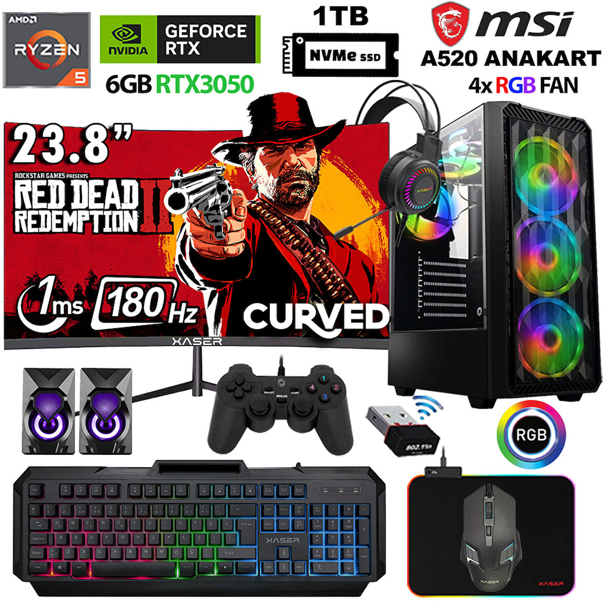 Xaser Armor X130 Ryzen 5 5500 32GB Ram 1TB M.2 NVMe SSD 12GB RTX3060 24" 180Hz Masaüstü Oyuncu Bilgisayarı