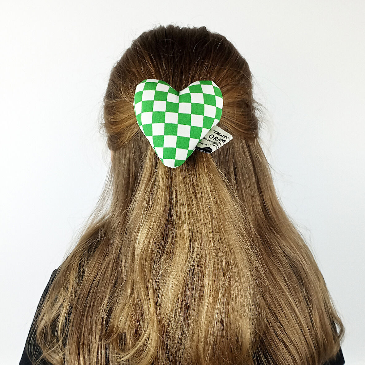 Woodycord El Yapımı Pofuduk Yeşil Beyaz Damalı Otomatik Kalp Toka 