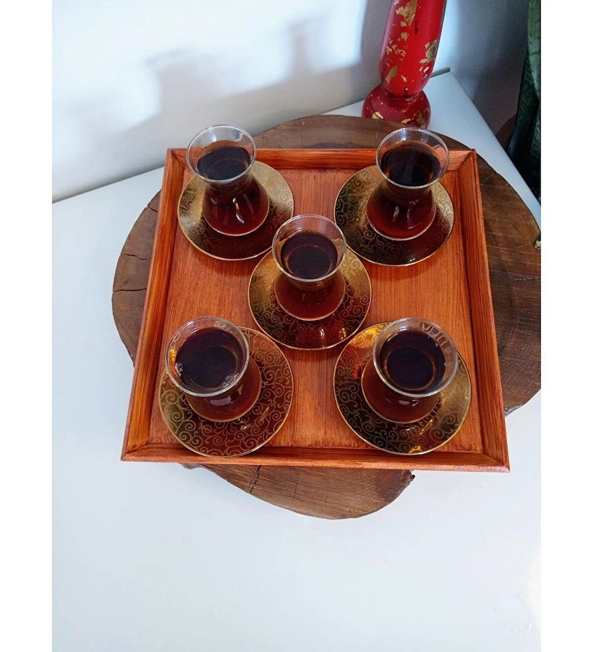 El Boyaması Ahşap Eskitme Kare Çay, Kahve, Söz Nişan Dekoratif Servis Sunum Tepsisi