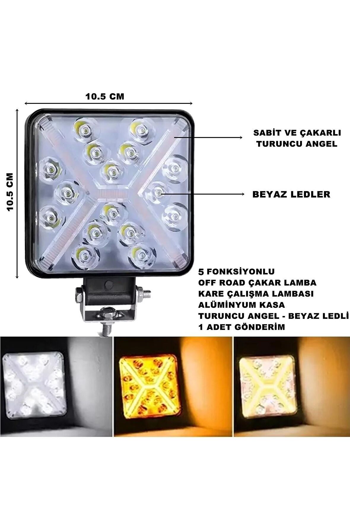 Off Road Kare Çalışma Lambası Turuncu Çakar Angel-beyaz Led 5 Fonksiyon 10,5x10,5 Cm 1 Adet-