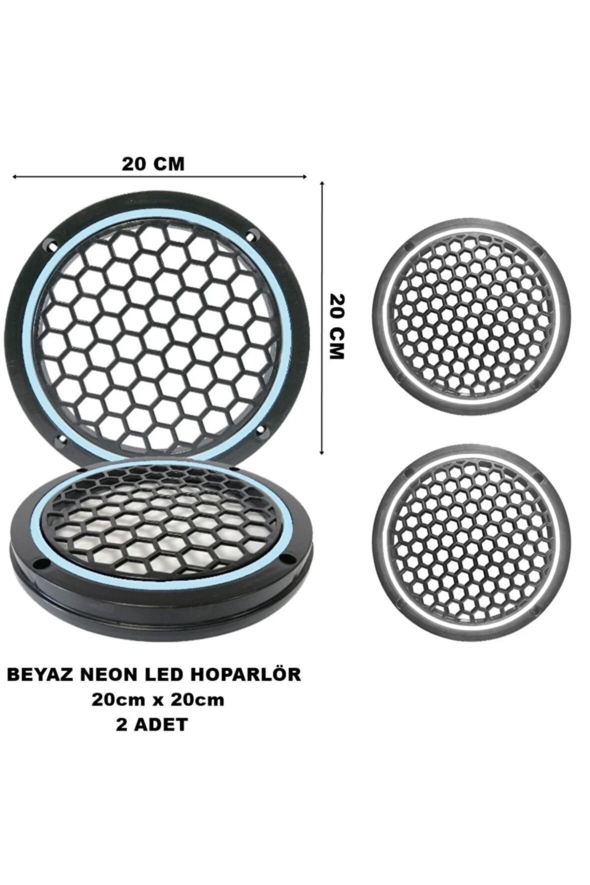 20x20 cm Neon Led Işıklı Midrange Hoparlör Kapağı Yuvarlak Çiftli (2 adet) Beyaz Renk