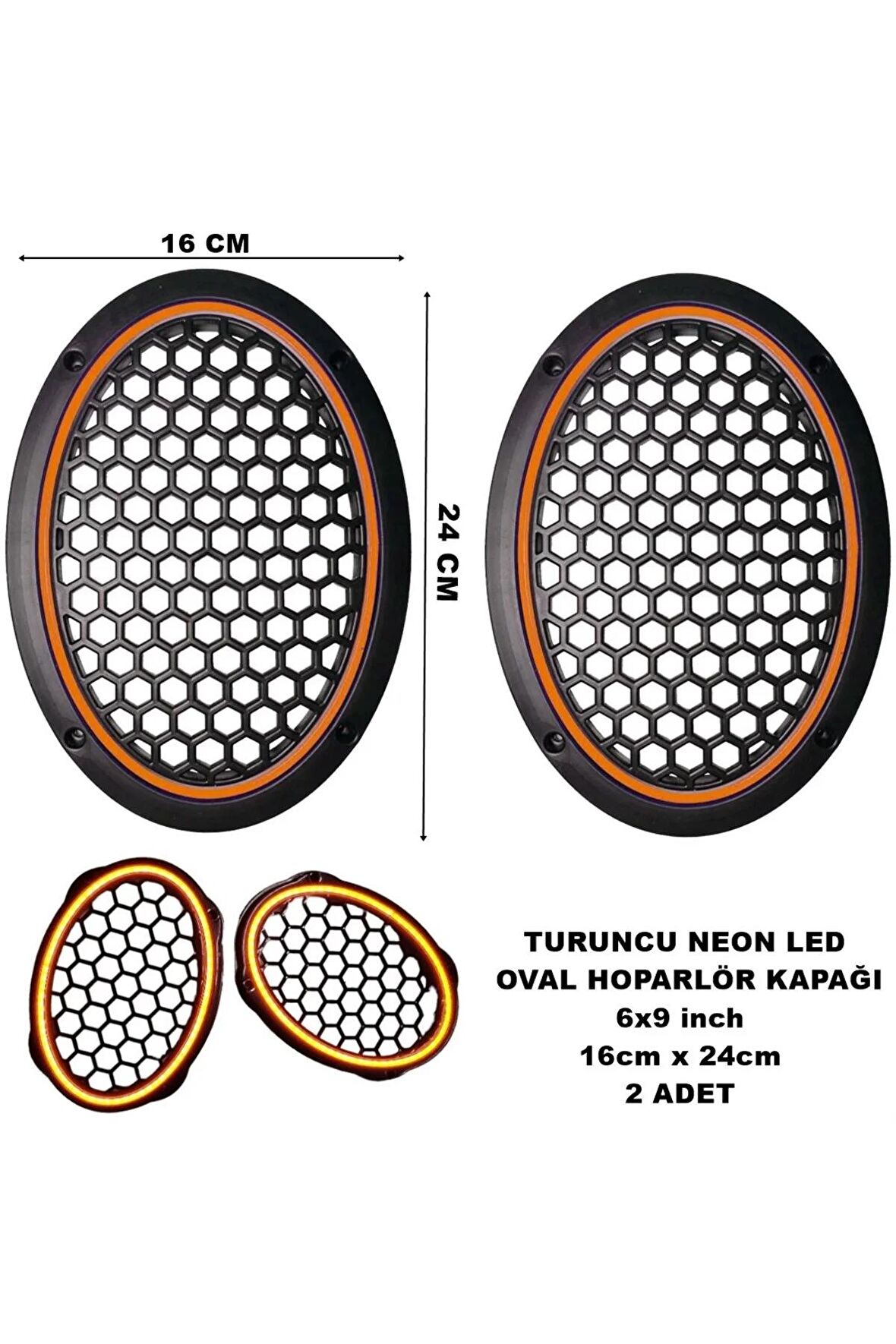 16x24 cm 6x9 inch Neon Led Işıklı Midrange Oval Hoparlör Kapağı Çiftli (2 adet) Turuncu Renk