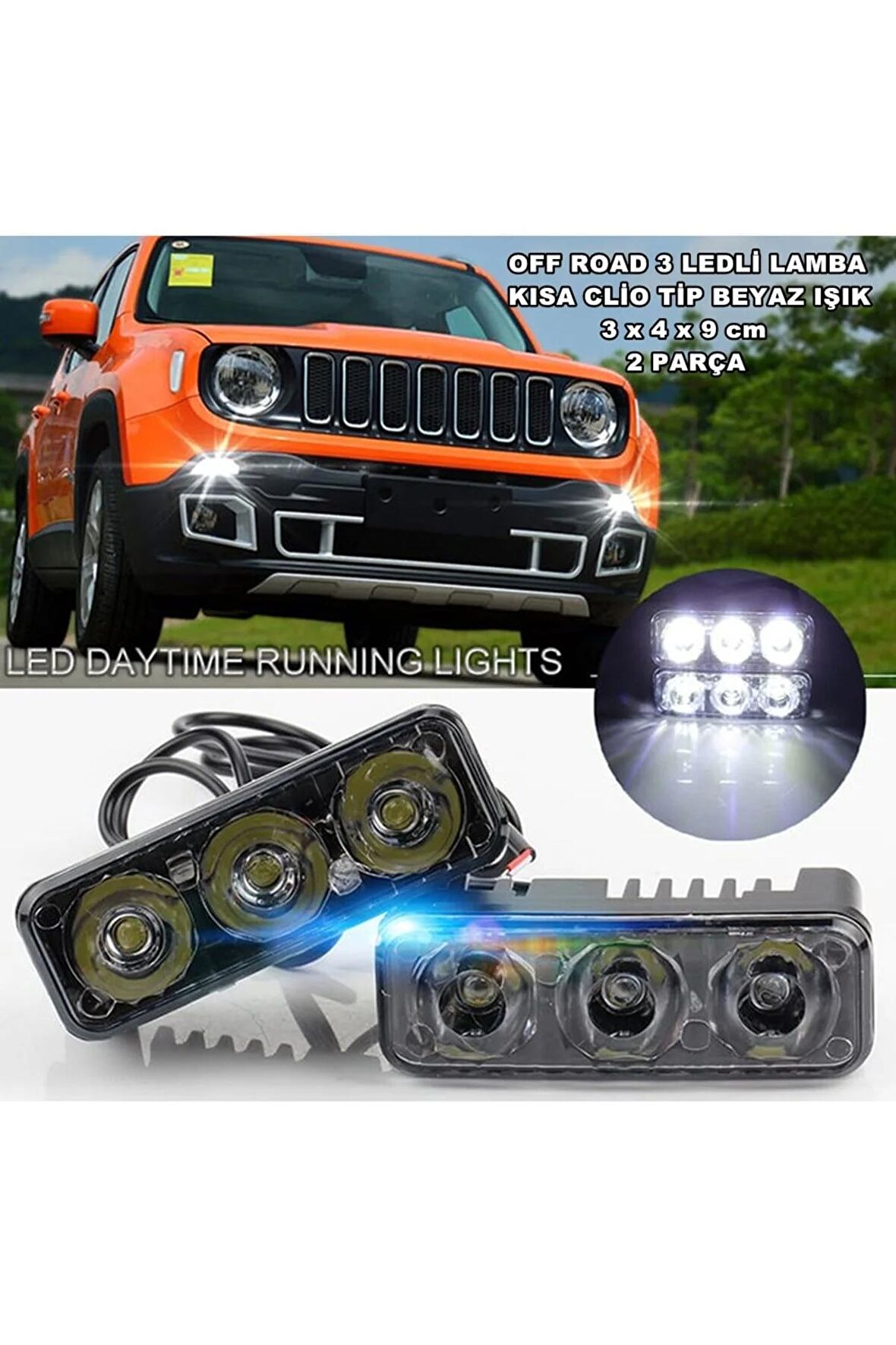 Off Road Led Lamba Kısa Clio Tip Metal Kasa 3 Ledli Beyaz Işık 3 X 4 X 9 Cm 2 Parça -