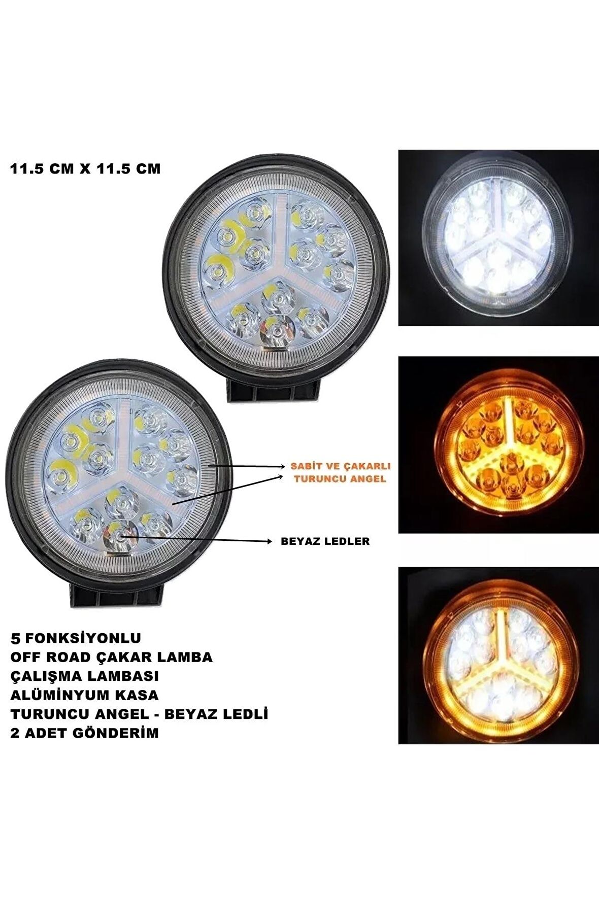 Off Road Oval Uyumlu  Çalışma Lambası Turuncu Çakar Angel-beyaz Led 5 Fonksiyon 11,5x11,5 Cm 2 Adet-