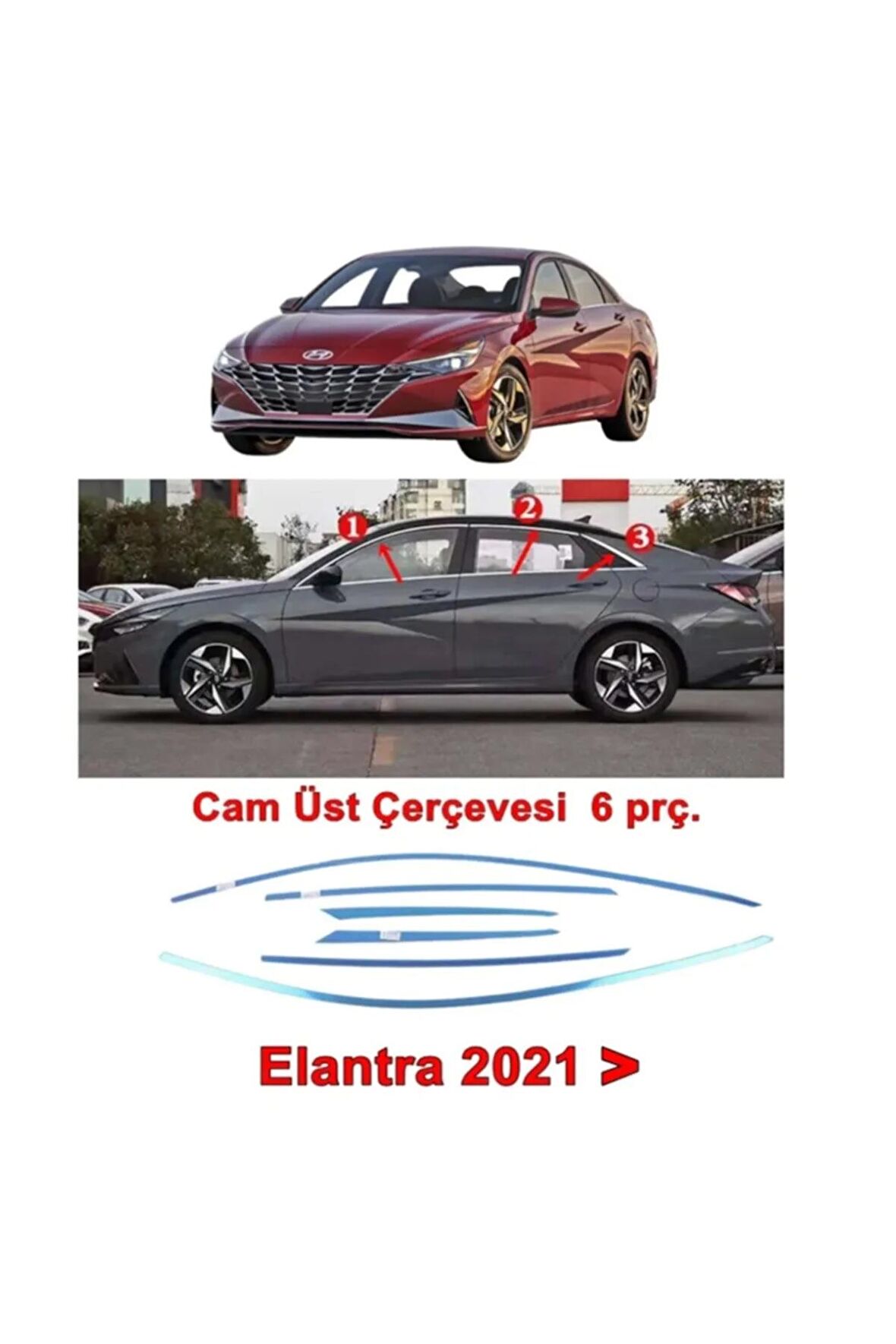 Hyundai Elantra Cam Üst Çerçeve Nikelajı 2021 Sonrası 6 Parça Paslanmaz Çelik