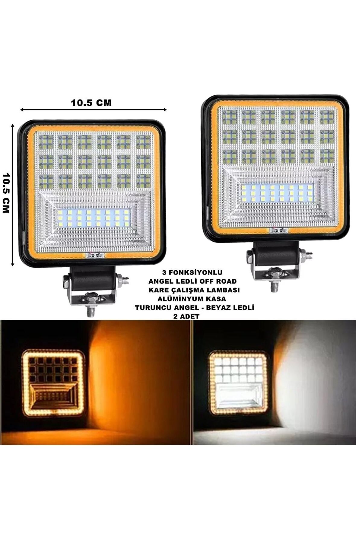 Off Road Kare Çalışma Lambası Turuncu Angel-beyaz Ledli 3 Fonksiyon 10,5 X 10,5 Cm 2 Adet -
