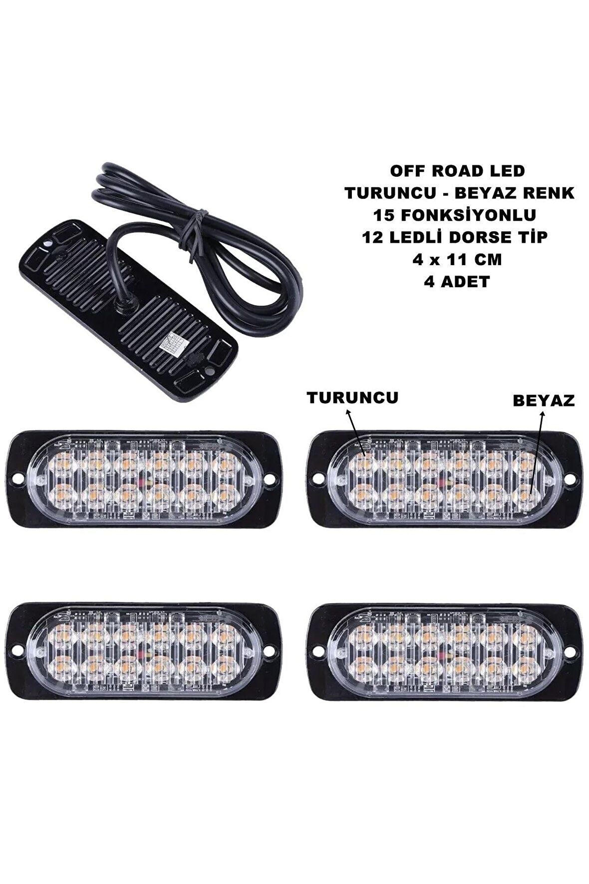 Off Road Led Lamba Turuncu - Beyaz 15 Fonksiyonlu Dorse Tip 12 Led 4 X 11 Cm 4 Adet -