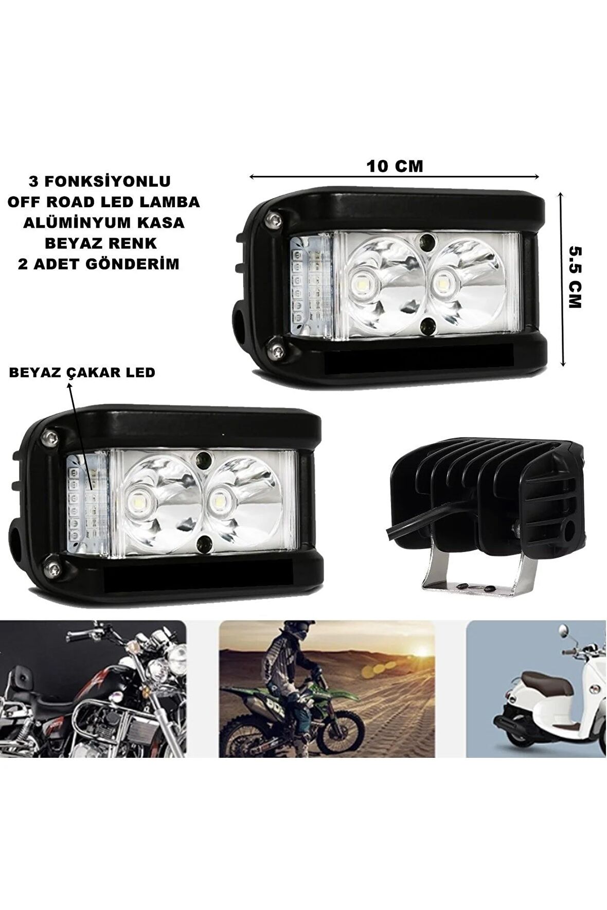 Off Road Led Lamba Beyaz Çakarlı Ve Beyaz Sabit Ledli 3 Fonksiyonlu 5,5 X 10 Cm 2 Adet