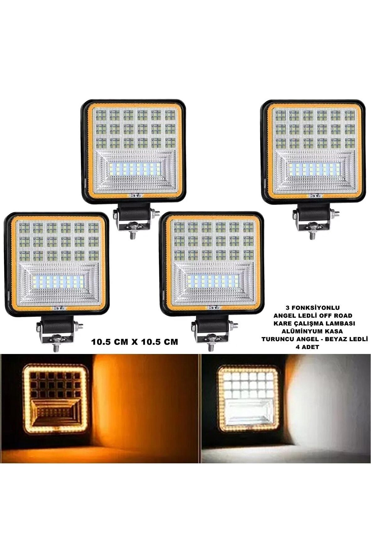 Off Road Kare Çalışma Lambası Turuncu Angel-beyaz Ledli 3 Fonksiyon 10,5 X 10,5 Cm 4 Adet -