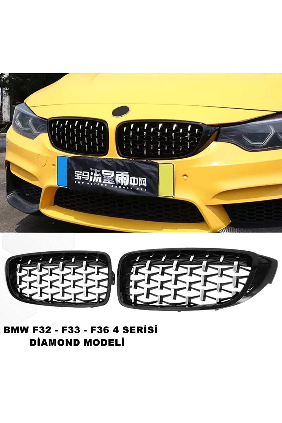 Bmw F33 4 Serisi Diamond Ön Panjur Izgara Böbrek Piano Black & Krom Desen 1. Kalite -
