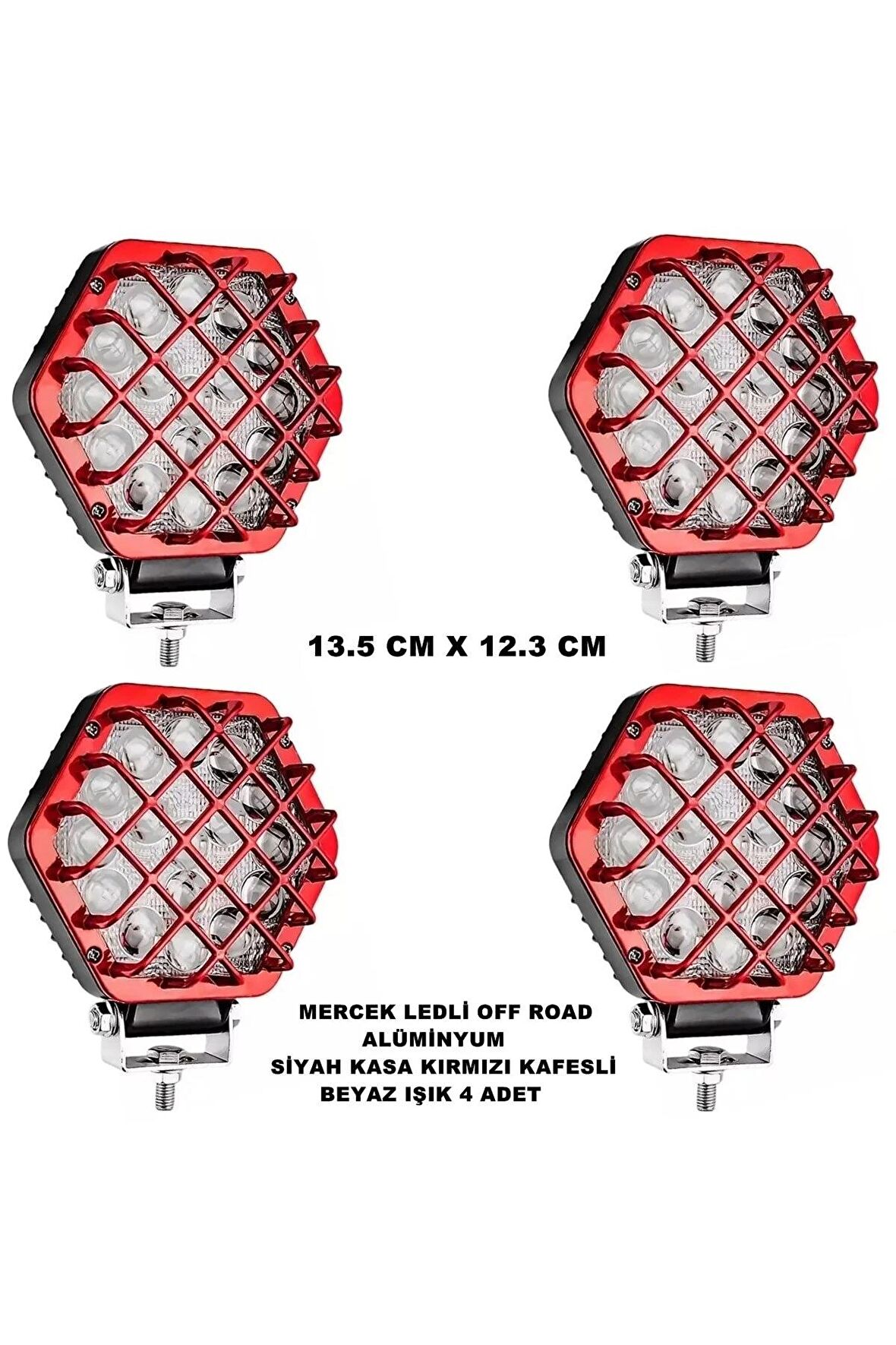 Off Road Led Lamba Kafesli Alüminyum Kırmızı Kasa Beyaz Sabit Led 12,3 X 13,5 Cm Uyumlu 4 Adet