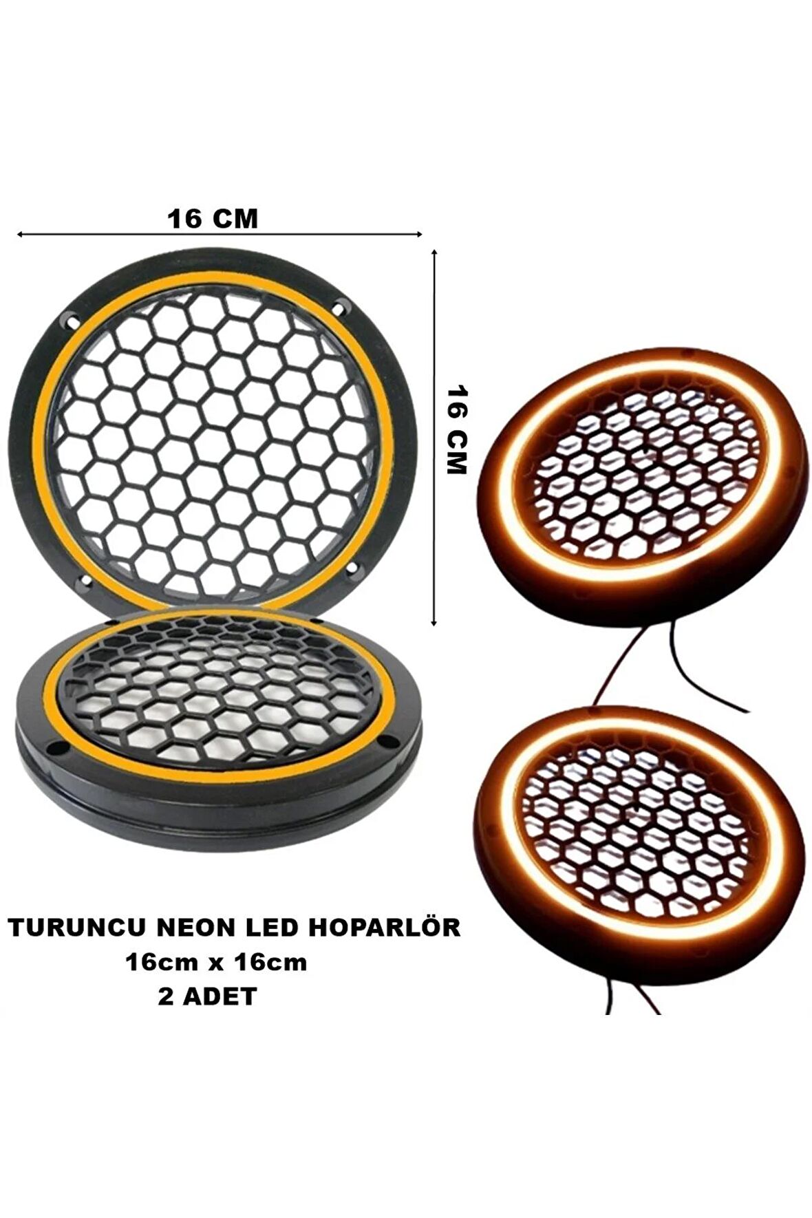 16x16 cm Neon Led Işıklı Midrange Hoparlör Kapağı Yuvarlak Çiftli (2 adet) Turuncu Renk
