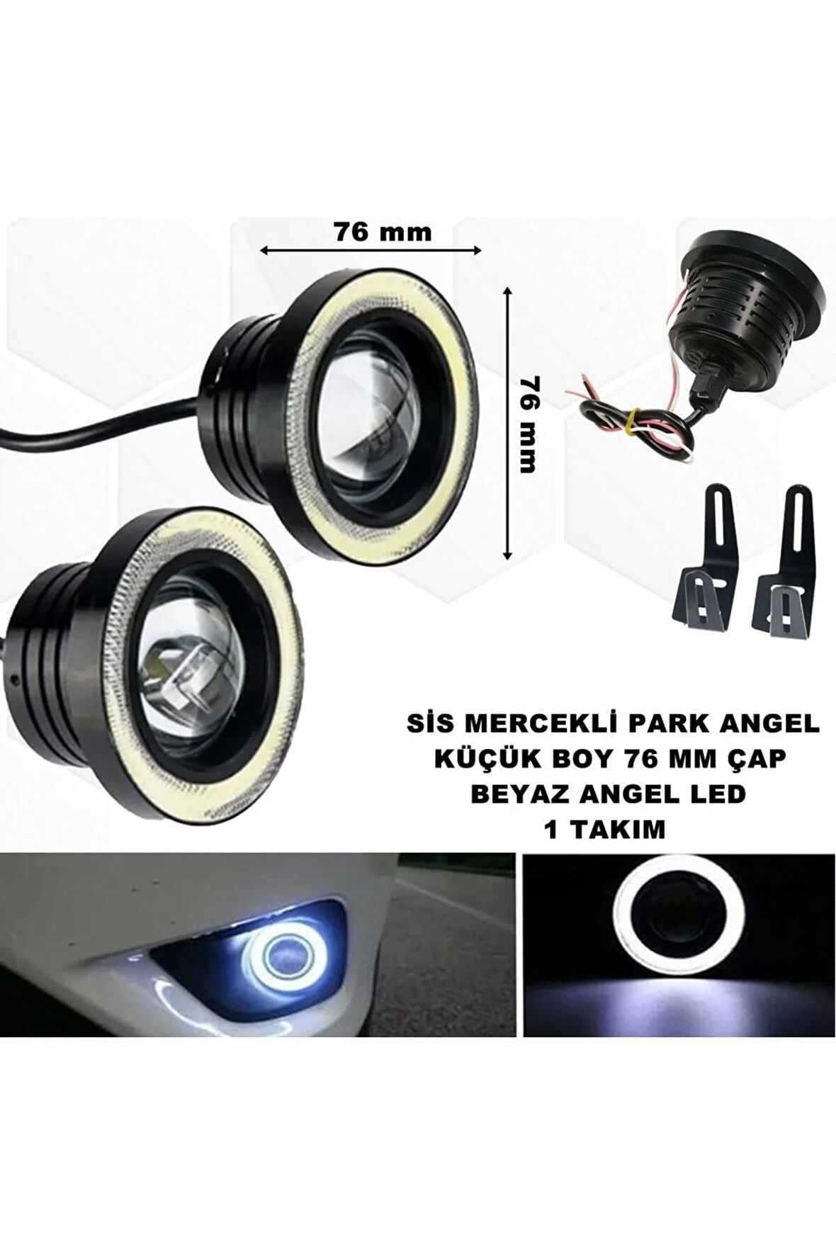 Sis Mercekli Angel Led Ampül Gündüz Farı Beyaz Angel Led 76 Mm Çap Beyaz Mercek Beyaz Halka -