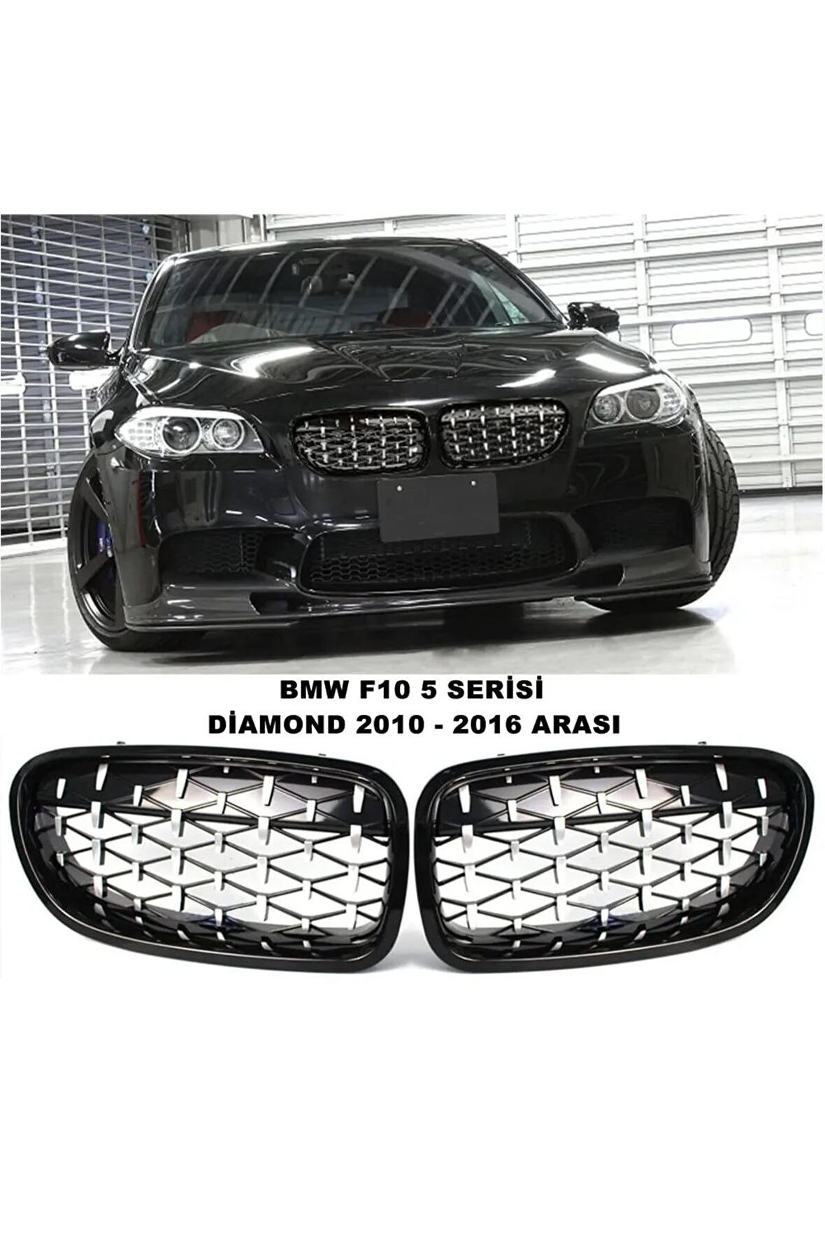 Bmw F10 5 Serisi Uyumlu Diamond Ön Panjur Izgara Böbrek 2010-2016 Arası Piano Black & Krom 1. Kalite