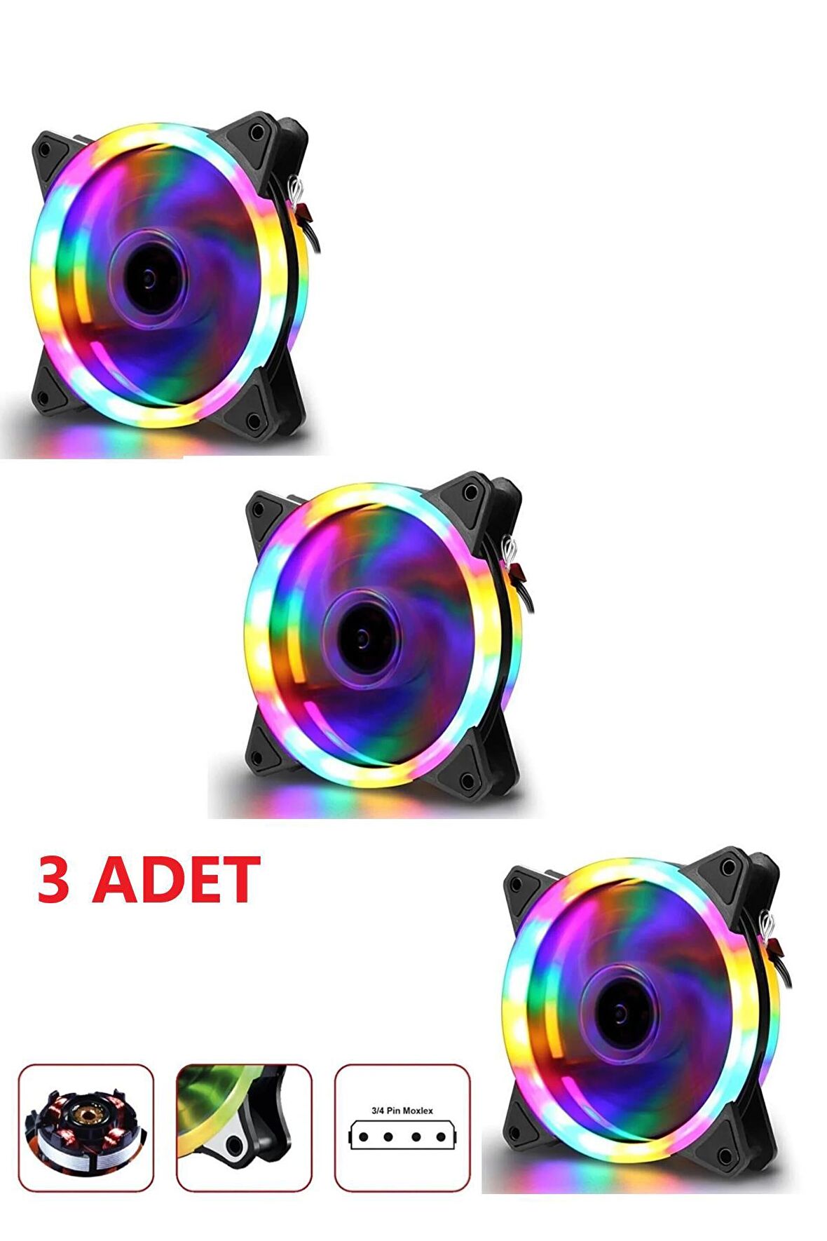 3'lü set 12 Cm Rgb Led Fan Işıklı Kasa Fanı Rainbow Kasa Soğutucu Fan