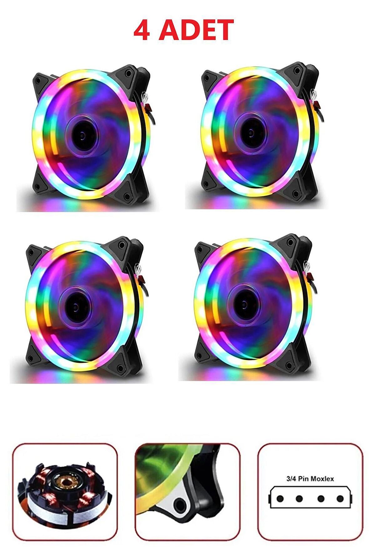 4'lü set 12 Cm Rgb Led Fan Işıklı Kasa Fanı Rainbow Kasa Soğutucu Fan