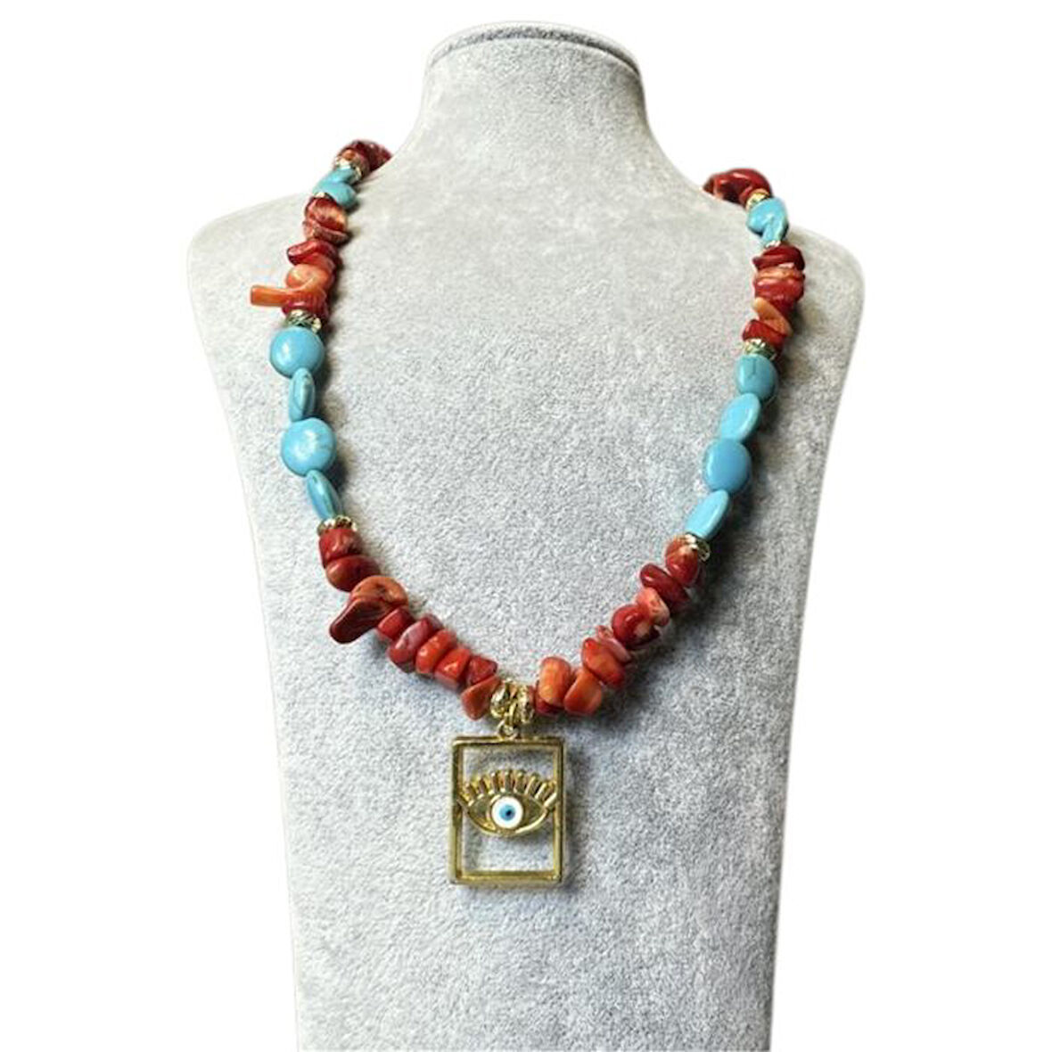 Uretti - Özlem 9422 6428 El Yapımı Turkuaz ve Mercan Doğal Taş Kolye