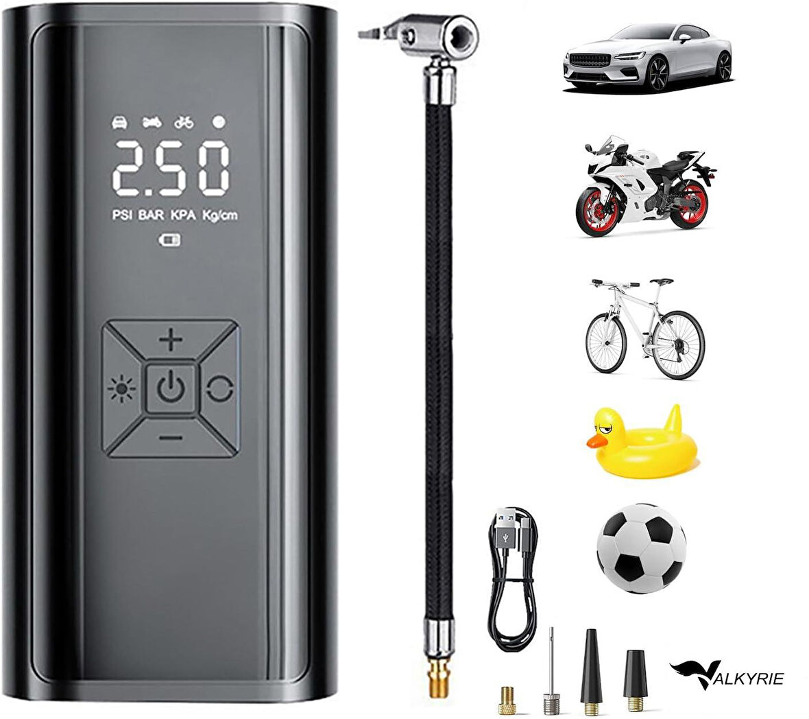 Valkyrie 100W 6000mAh Şarjlı Araba Lastik Hava Pompası LED Işıklı Çok Amaçlı Bisiklet Yatak Top Pompası