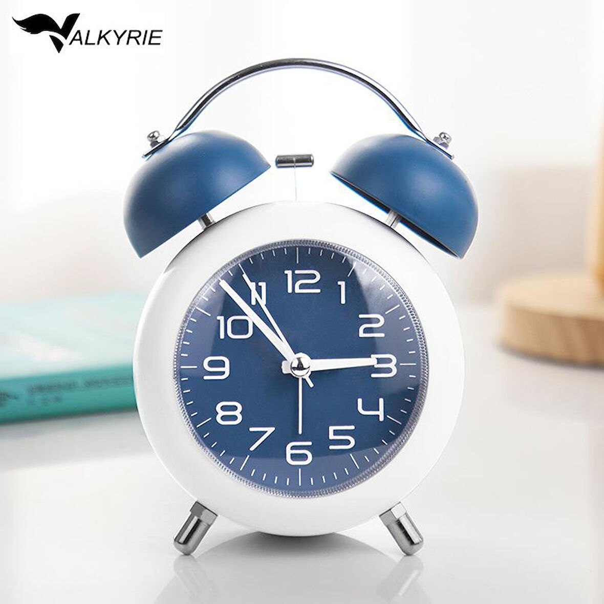 Valkyrie Akar Saniyeli Analog Yüksek Sesli Şirin Masa Saati Alarmlı Işıklı Dakik  Çift Çanlı Mavi