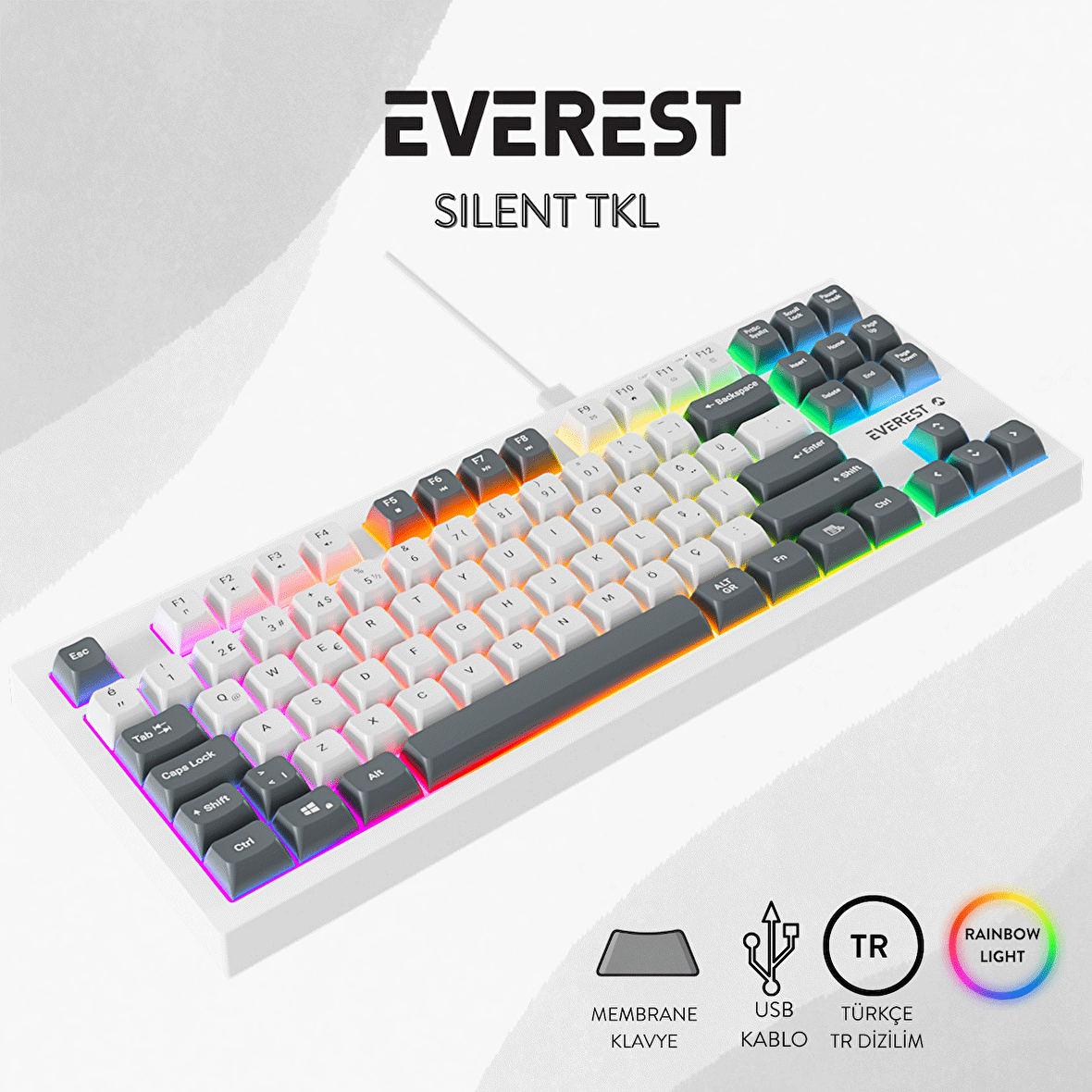 Everest KB-98 SILENT TKL Beyaz/Gri Mavi Rainbow Q Membrane Klavye