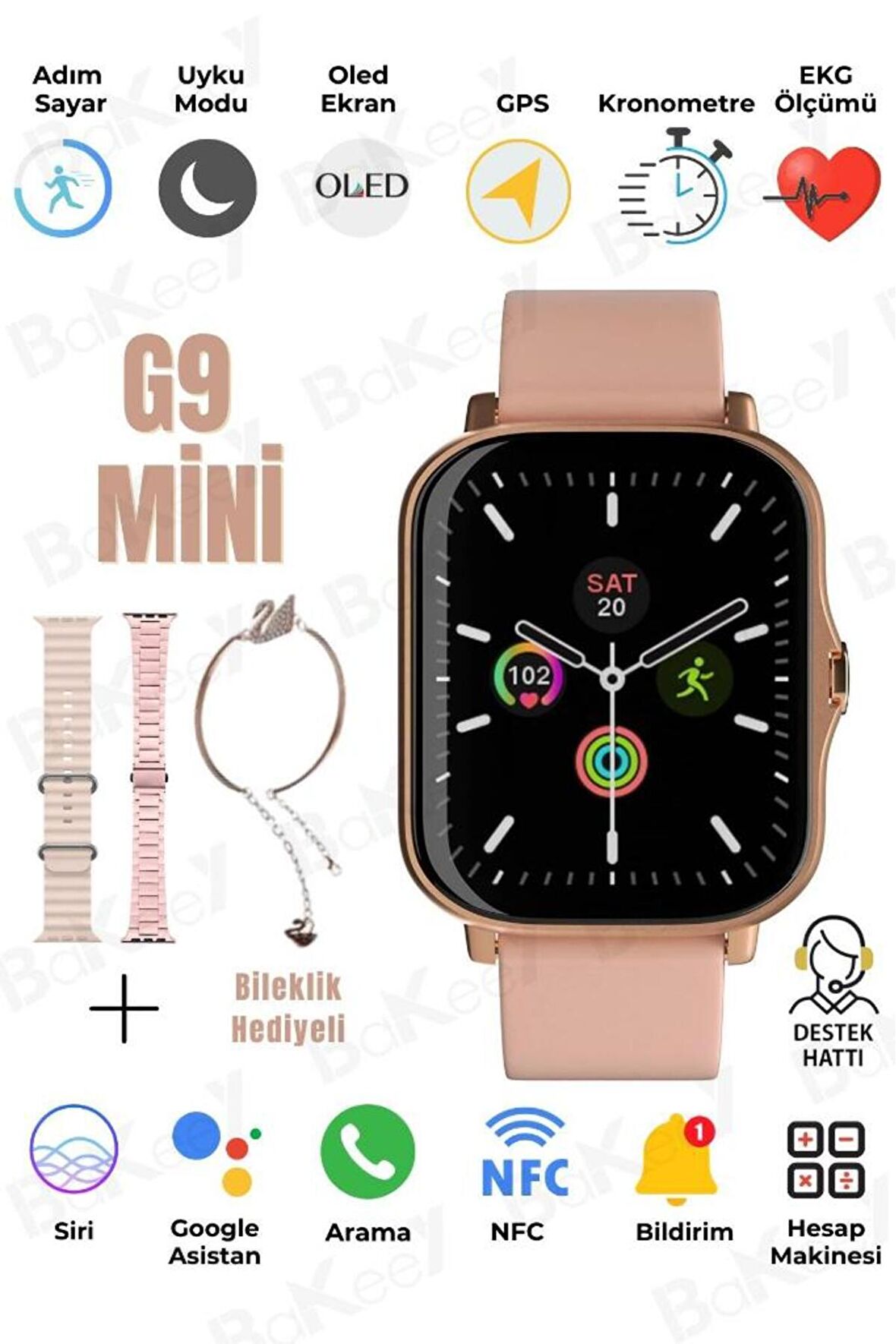 G9 Mini 3 Kordonlu Bileklik Hediyeli Kadın Akıllı Saat Android Ios Uyumlu Hediye Pembe Watch 8 9