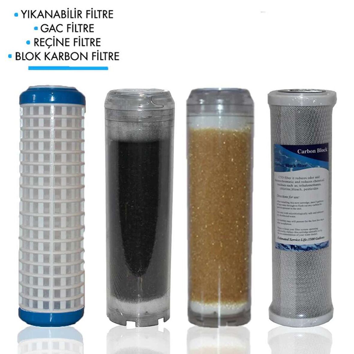 Daire Bina Sayaç Girişi 10" İnc 4 Aşama ( Yıkanabilir , Gac , Reçine , Blok ) Yedek Filtre Seti 