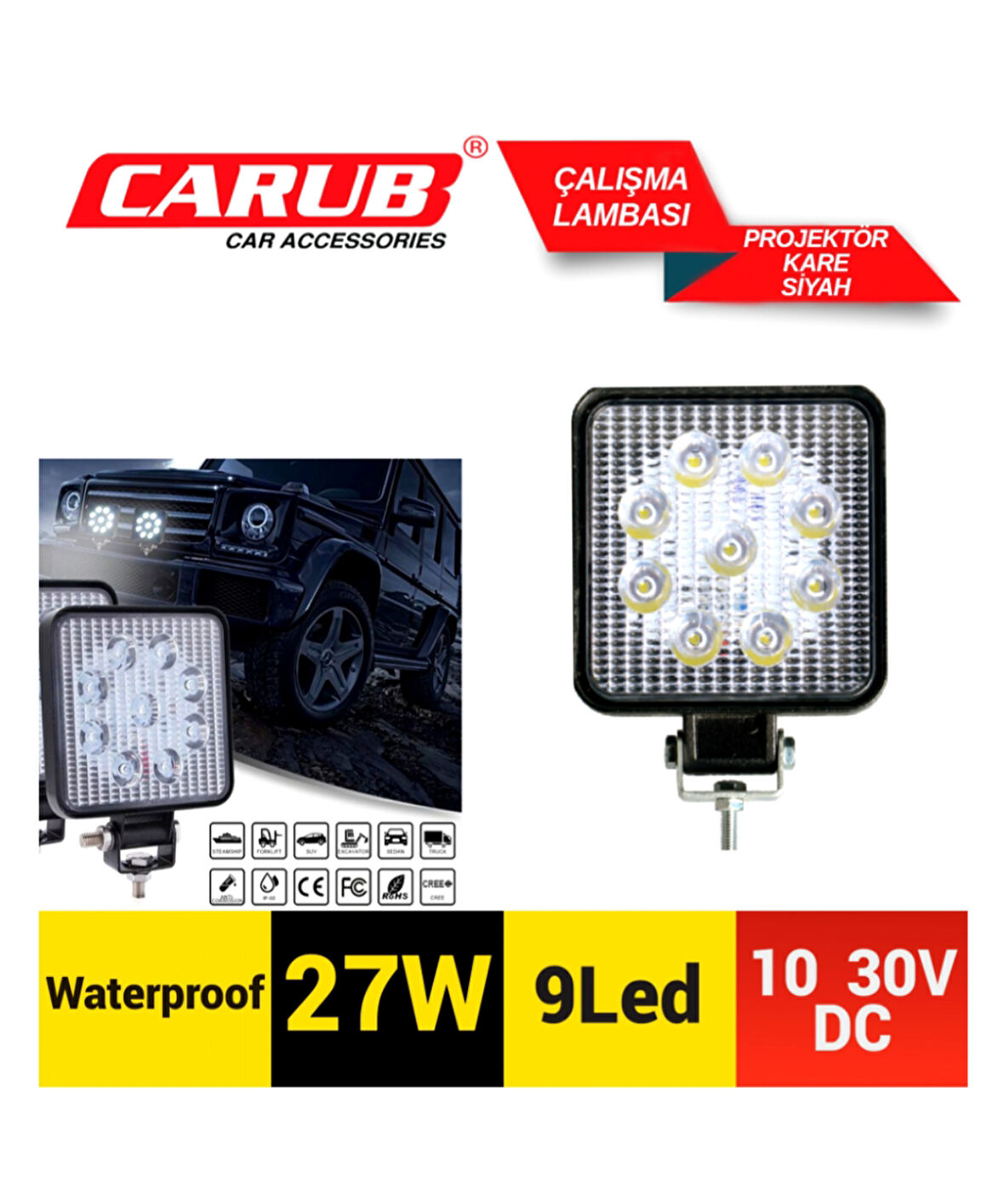 Carub Çalışma Lambası 10-30V 27W Off Road 9 Led Kare Siyah