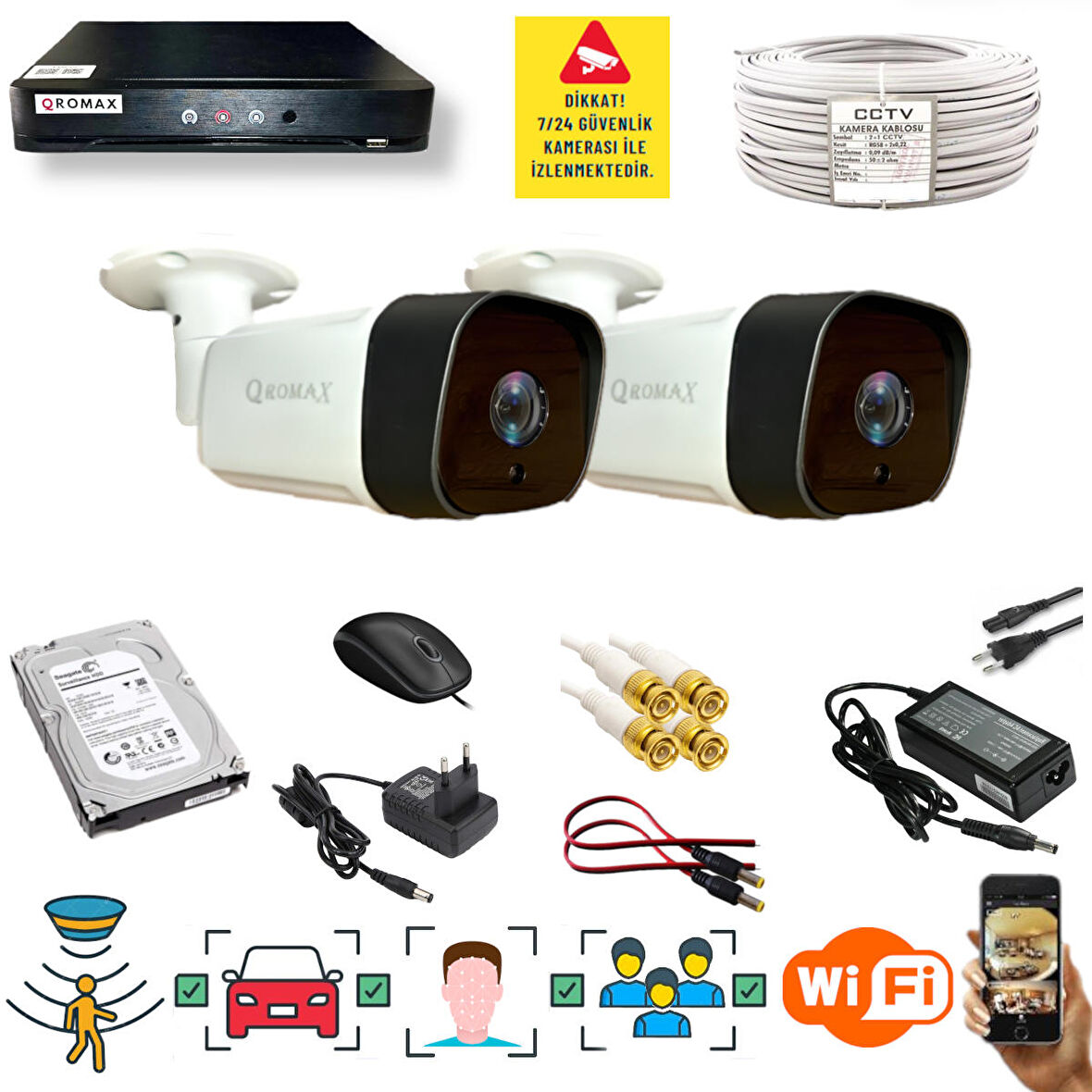 2 Kameralı Set - Araç İnsan Yüz Hareket Algılayan 36 IR Led 5MP Sony Lensli 1080P Metal Kasa Güvenlik Kamerası Seti 5236-1