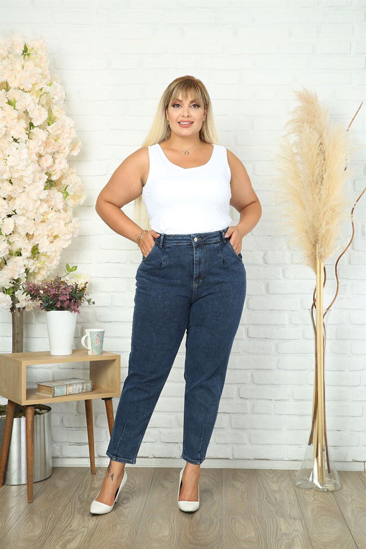 CEDY DENIM Kadın Büyük Beden Pileli Mom Jean Pantolon C600