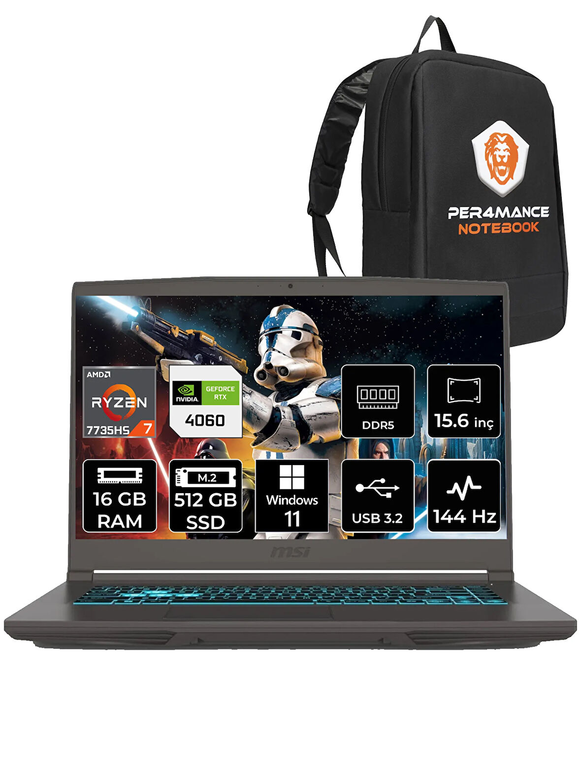 MSI Thin A15 R7 7735HS 16GB 512GB SSD RTX4060/8GB 15.6" FHD 144HZ W11P B7VF-075XTR & PER4 ÇANTA