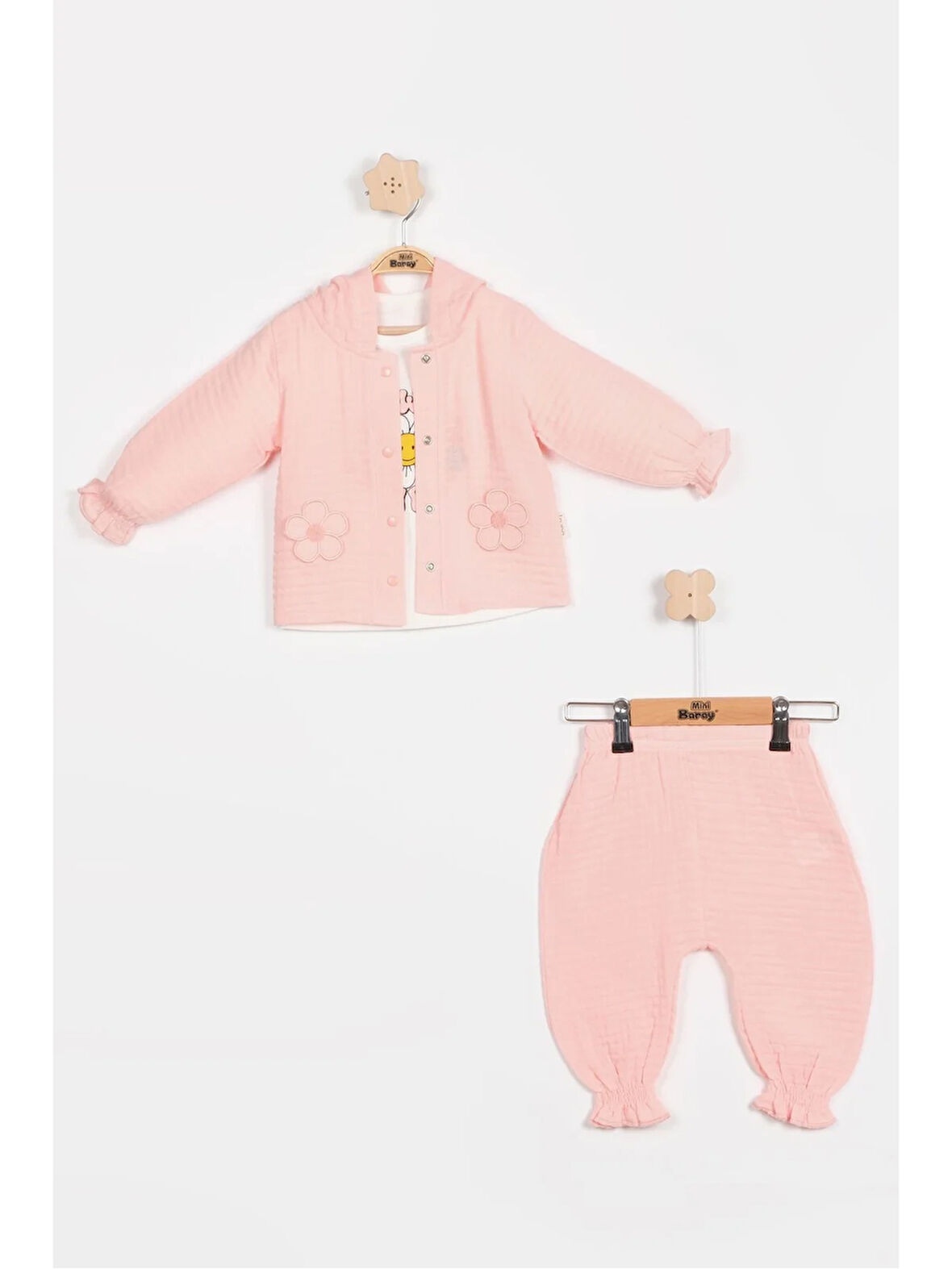 Pastel Renkli Müslin 3'lü Bebek Takımı (9-12-18 Ay) %100 Pamuklu Hırkalı Kız Bebek Seti