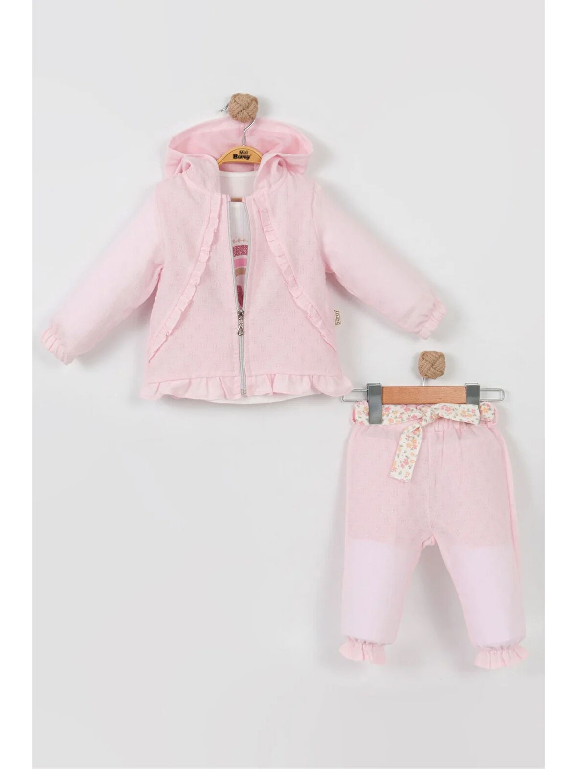 3'lü Fırfırlı Kız Bebek Takımı (Hırka + Üst + Alt) - 9-18 Ay